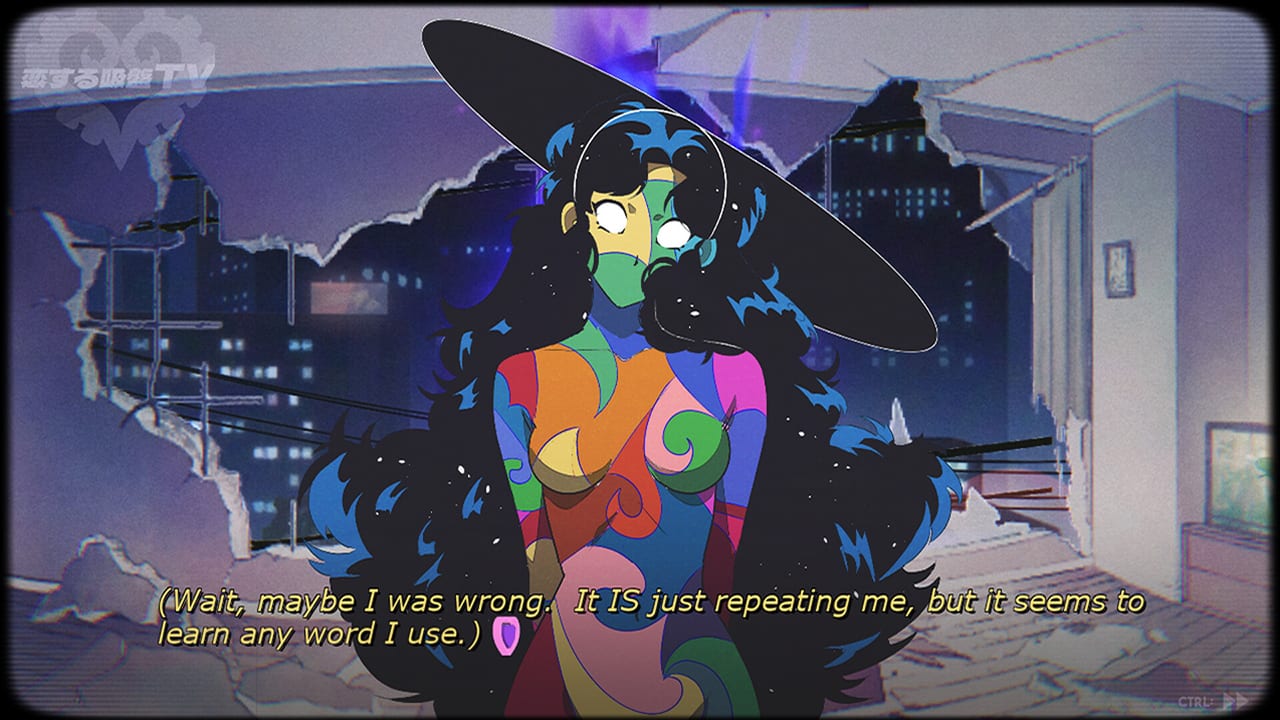 Hheily, the shapeshifting comet heroine of Sucker for Love Crush Landing, standing in a ruined 1990s apartment