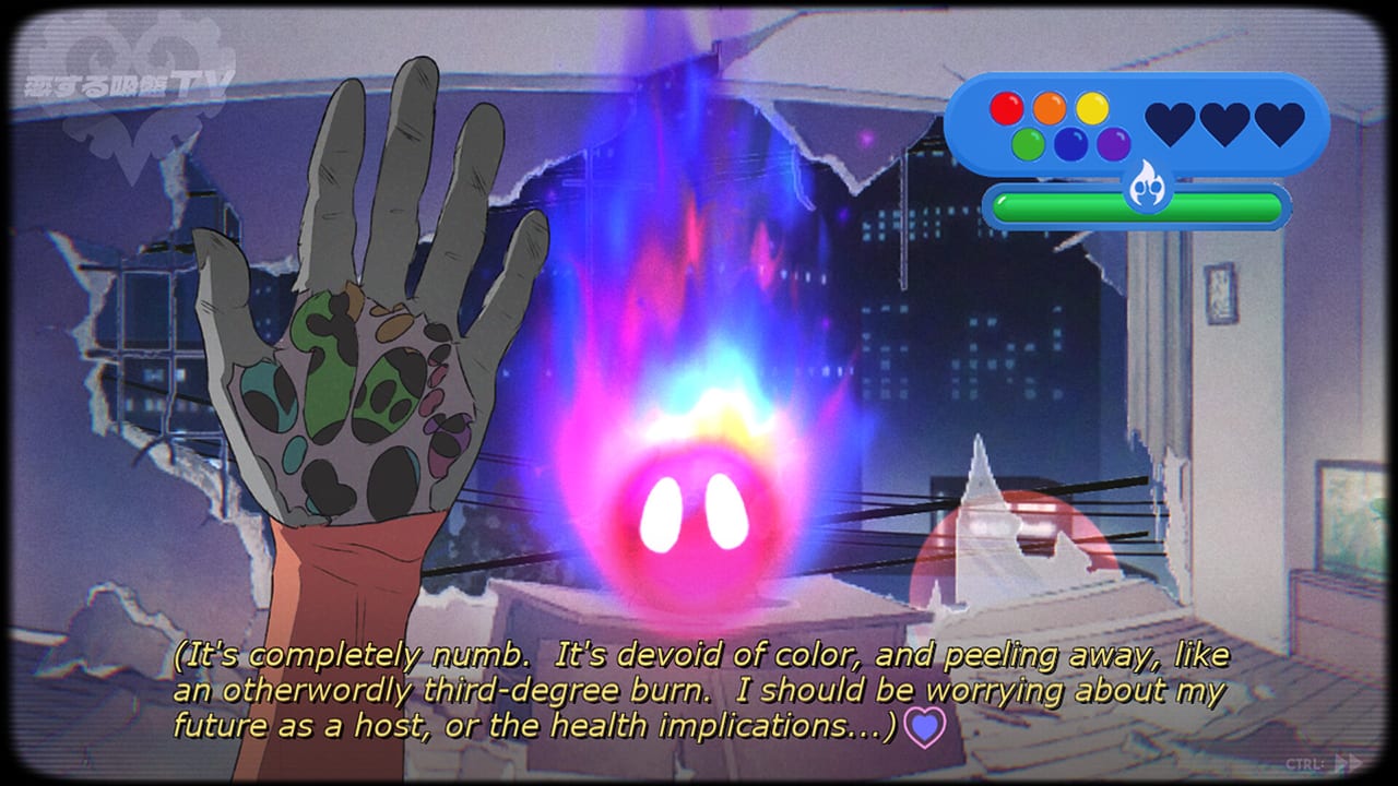 Color-feeding HUD, meteorite flame, and the protagonist's drained hand in Sucker for Love Crush Landing